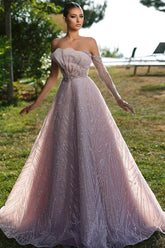 Wunderschönes schulterfreies, langärmliges A-Linien-Ballkleid mit Rüschen